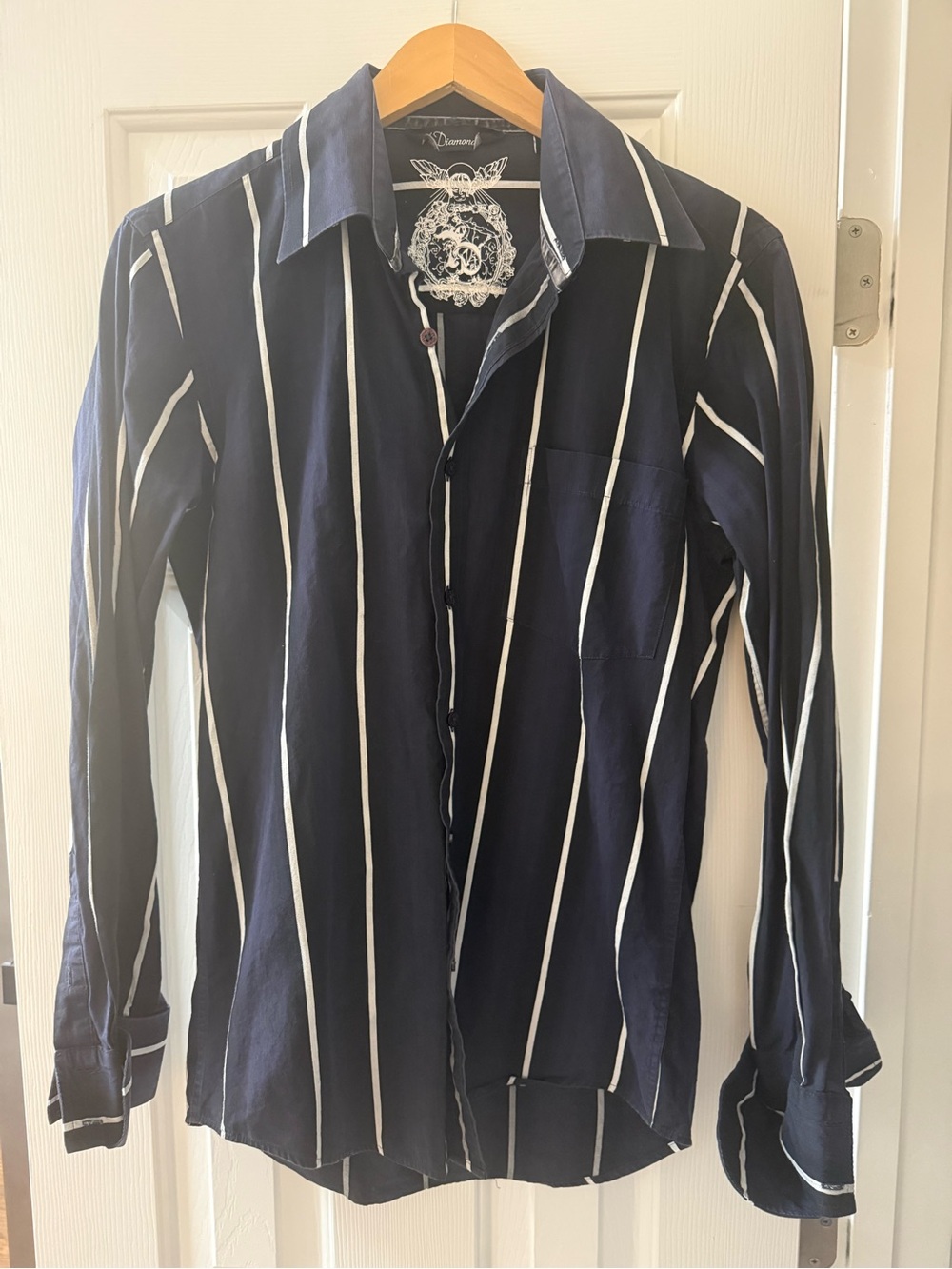 7 Diamonds Navy Shirt with White Vertical Stripes